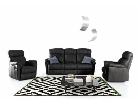 czarny skórzany komplet wypoczynkowy sofa i fotele z funkcją relaks