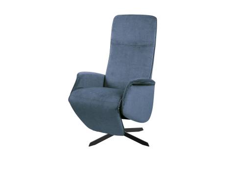 Rozkładany obrotowy niebieski fotel na czarnych nogach
