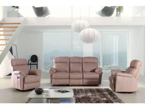 Sofa z fotelami ze skóry naturalnej w kolorze beżowym do salonu