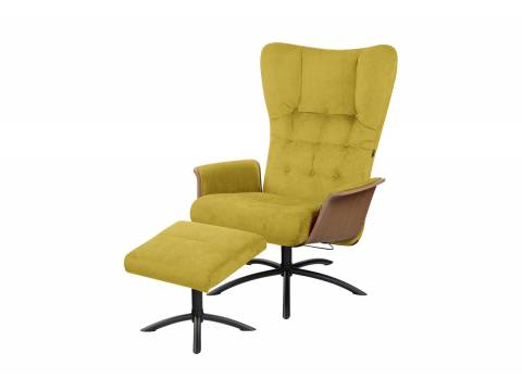 żółty obrotowy fotel z podnóżkiem typu uszak