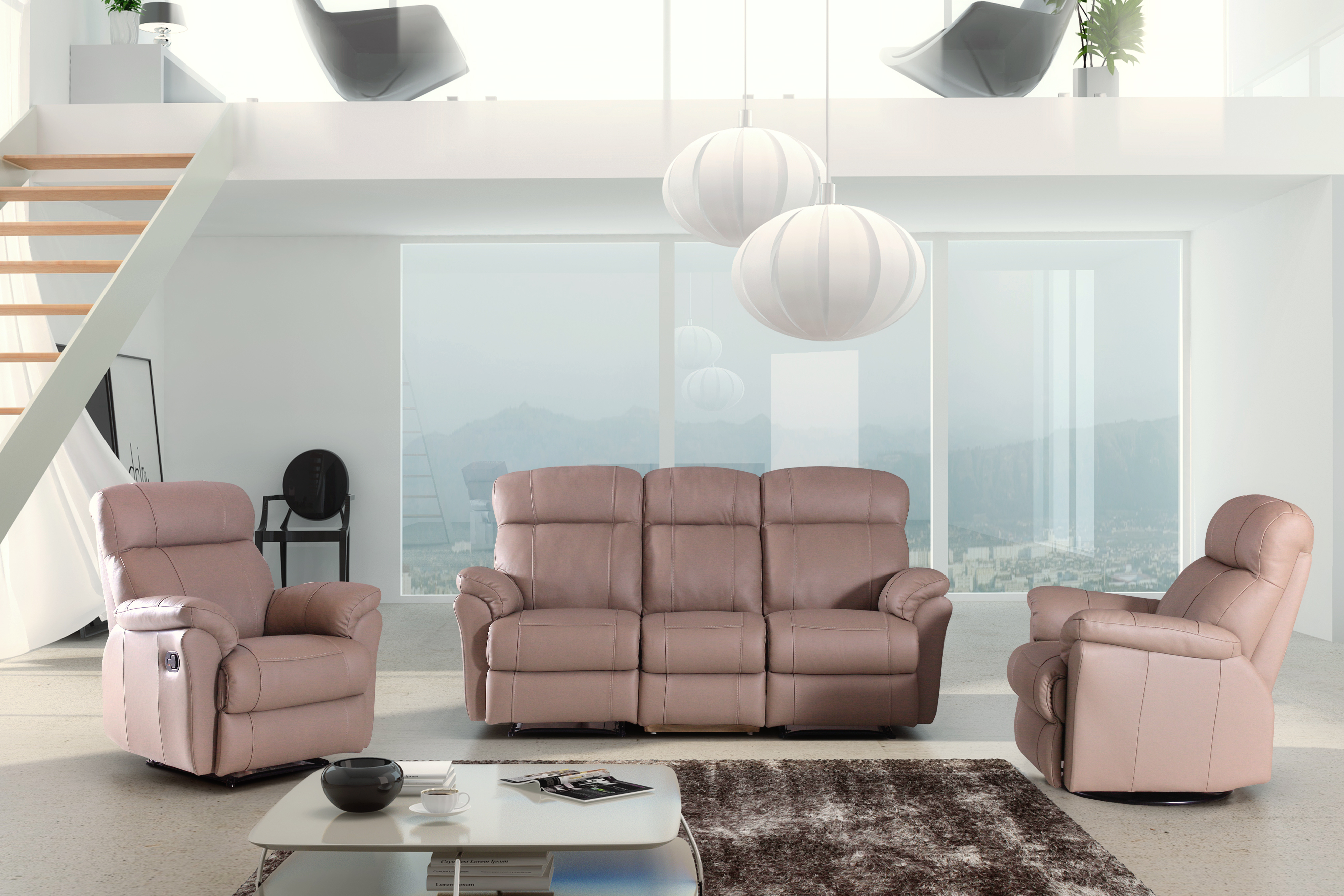 Sofa z fotelami ze skóry naturalnej w kolorze beżowym do salonu