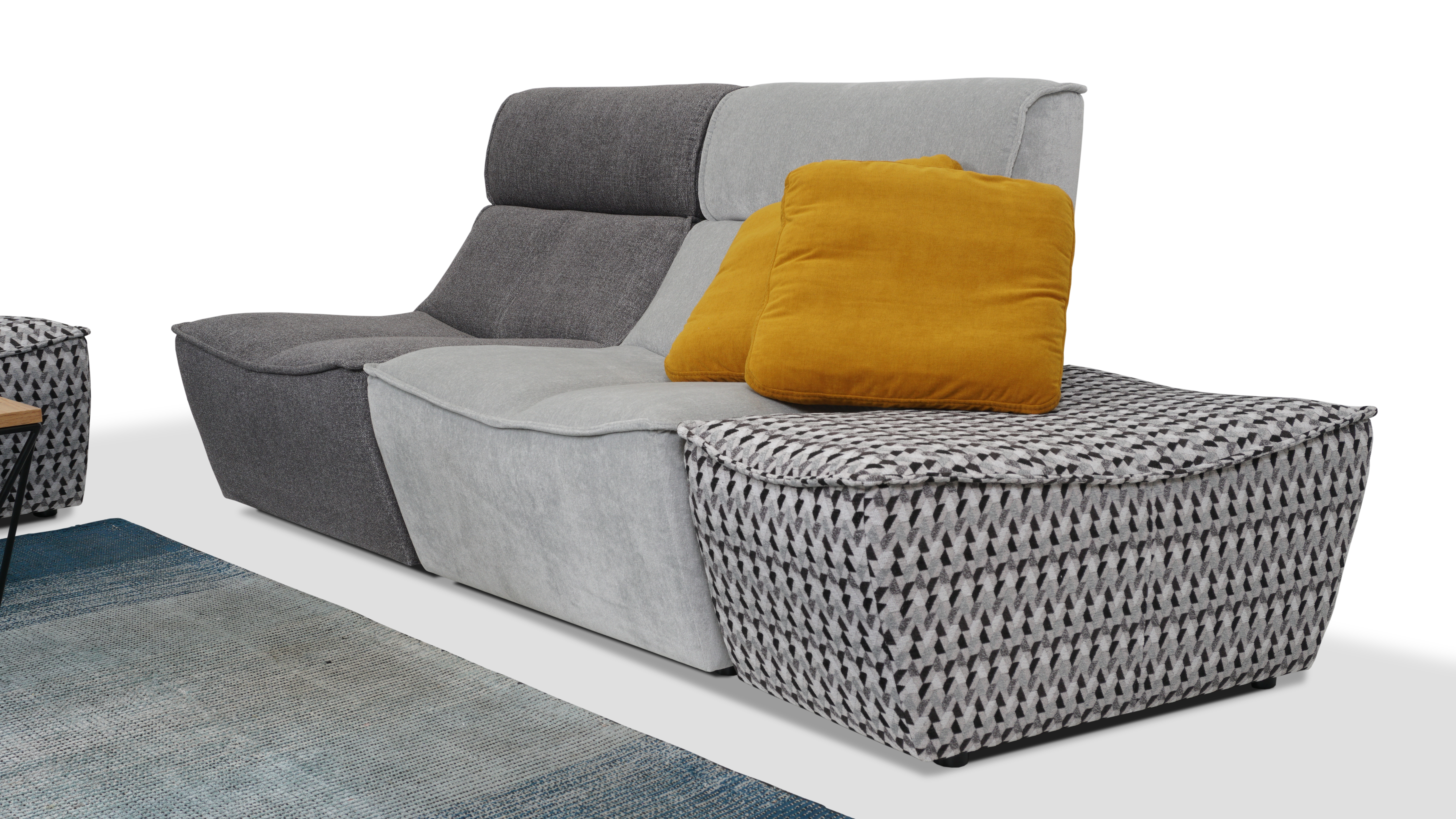 Nowoczesna modułowa sofa z materiału plamoodpornego z rozpinanymi siedziskami w odcieniach szarości