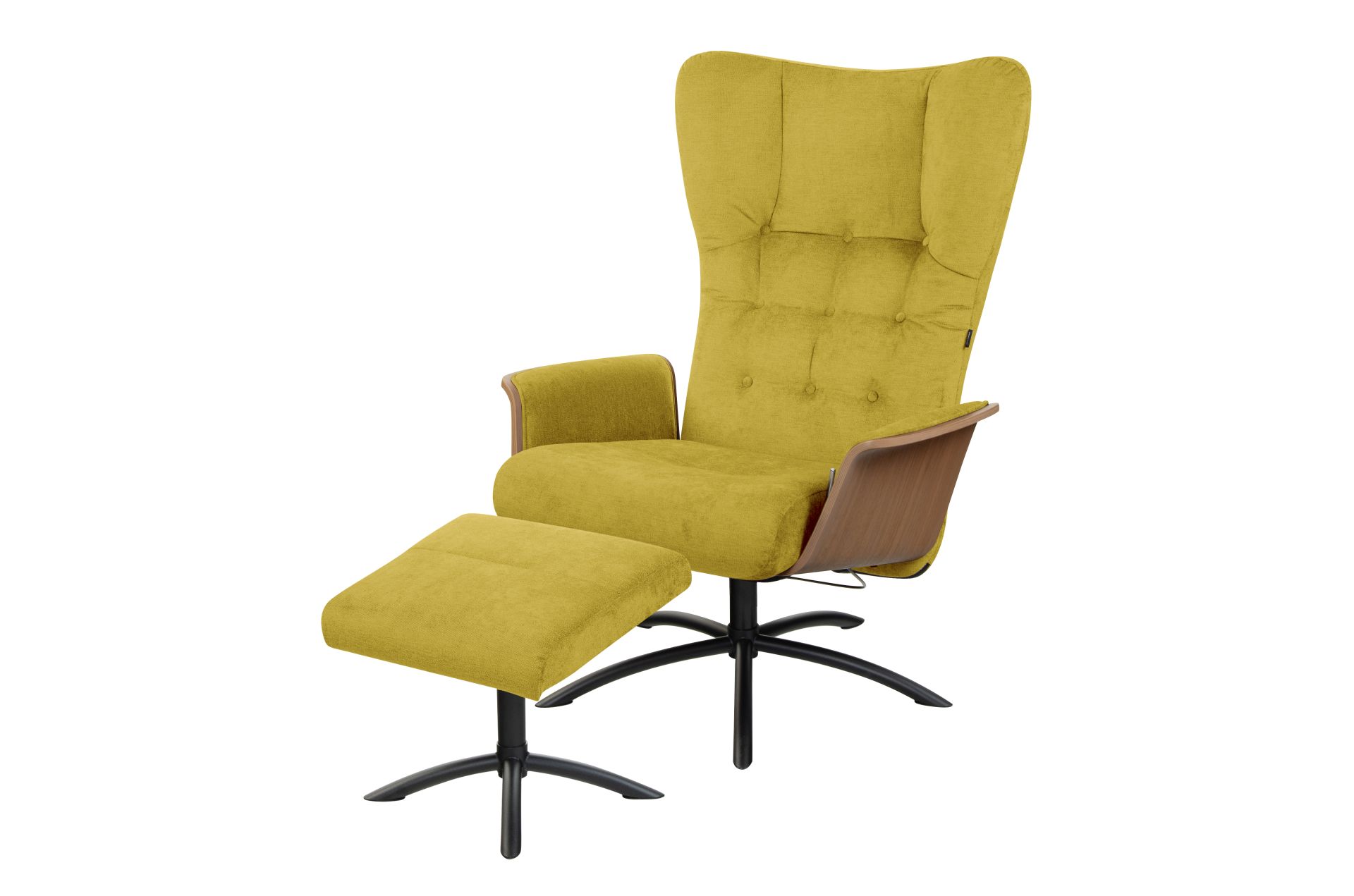żółty obrotowy fotel z podnóżkiem typu uszak