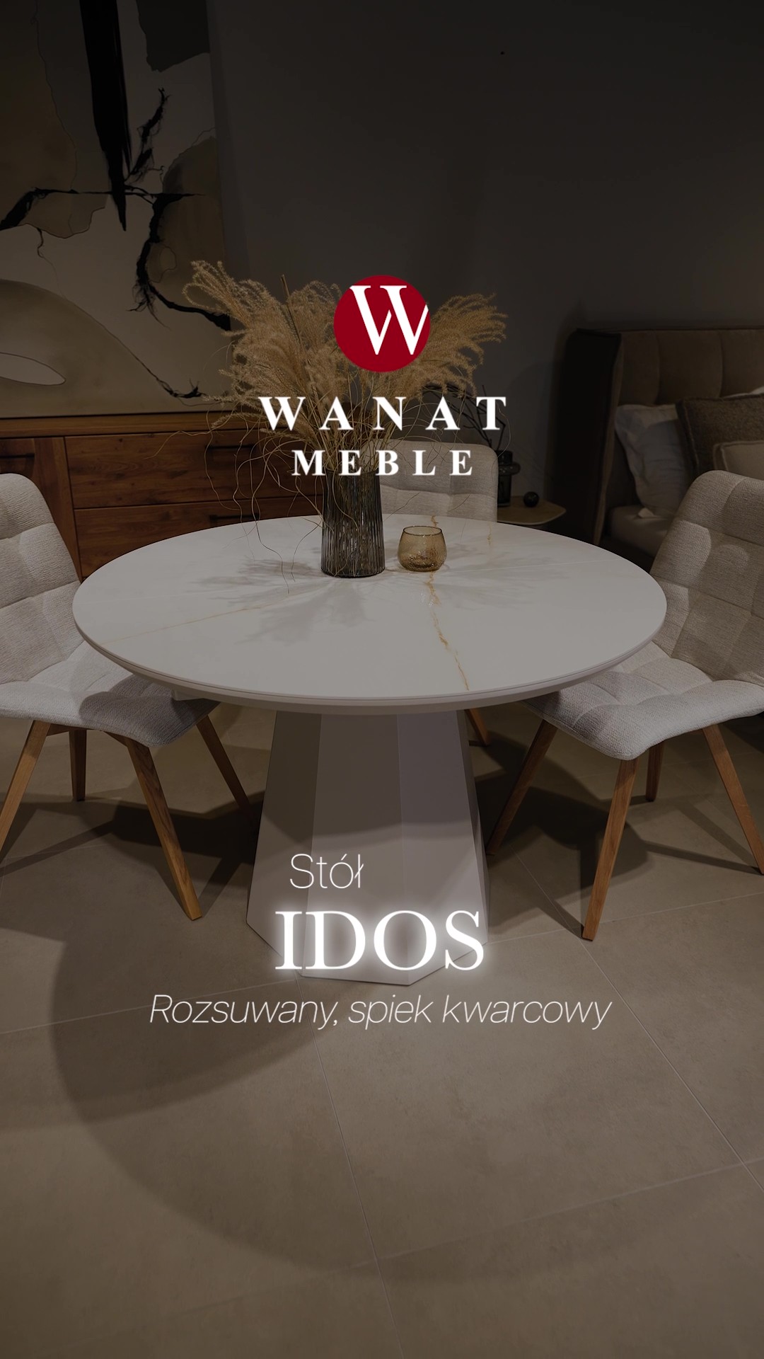 Stół IDOS rozsuwany blat ze spieku kwarcowego na ośmiokątnej lakierowanej podstawie