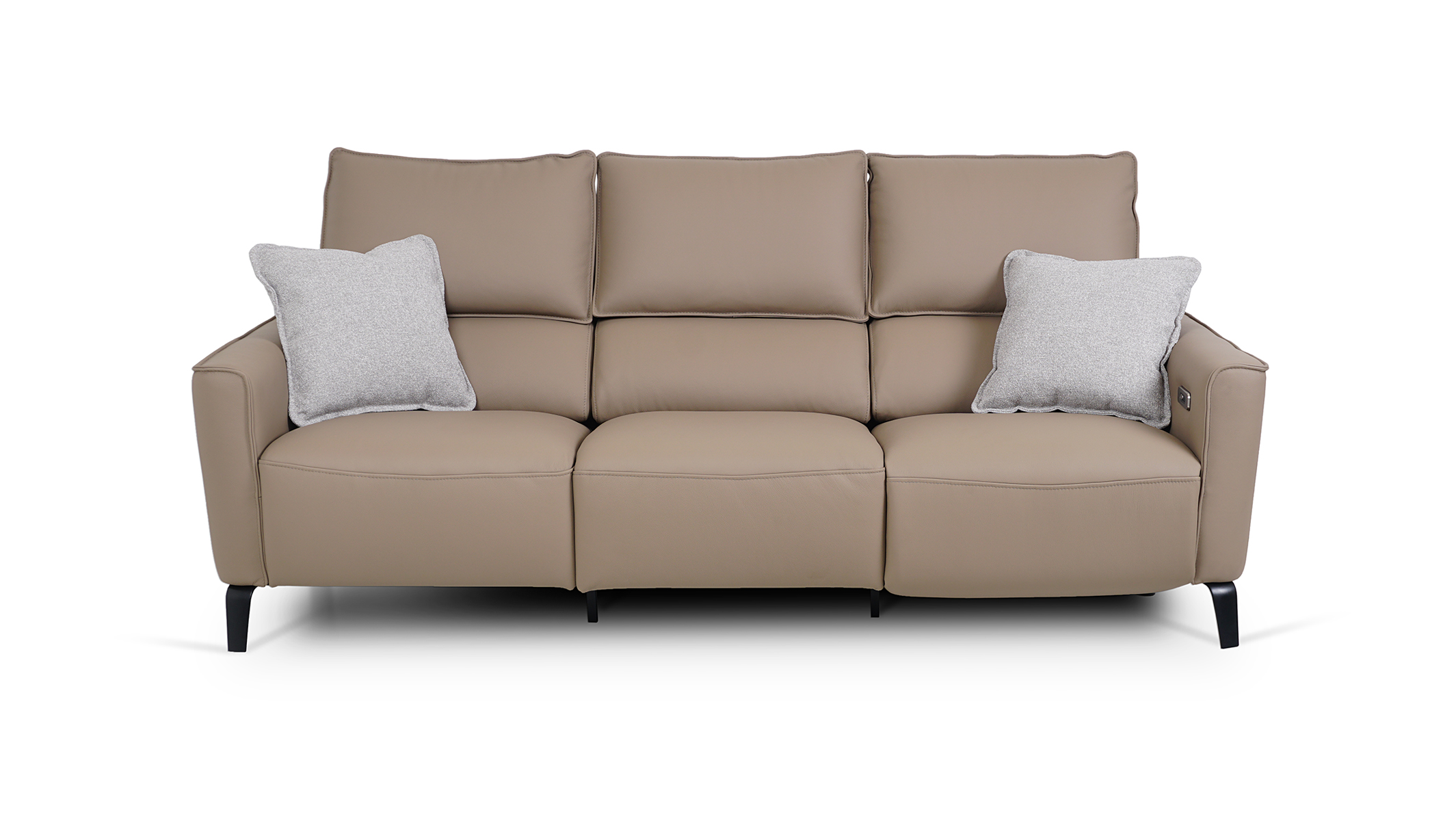 piękna sofa w skórze naturalnej z funkcją relaxu elektrycznego na nóżkach