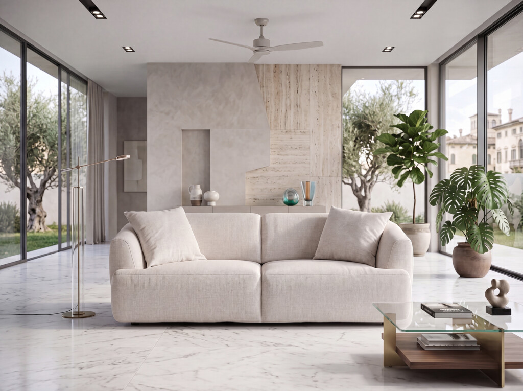 Valencia sofa do komfortowego wypoczynku Sofa Valencia z funkcją spania w jasnej tkaninie, z szerokimi siedziskami, miękkimi poduszkami i elegancką bryłą do nowoczesnego salonu