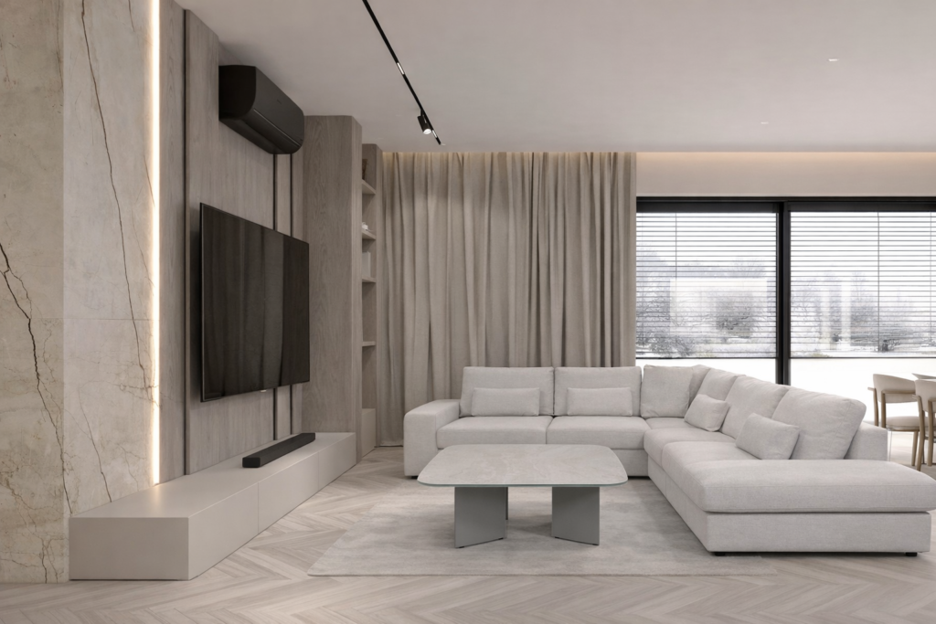 Elegancka strefa wypoczynku w jasnym salonie z narożnikiem Hilton Elegancka strefa wypoczynku w jasnym salonie z narożnikiem Hilton
