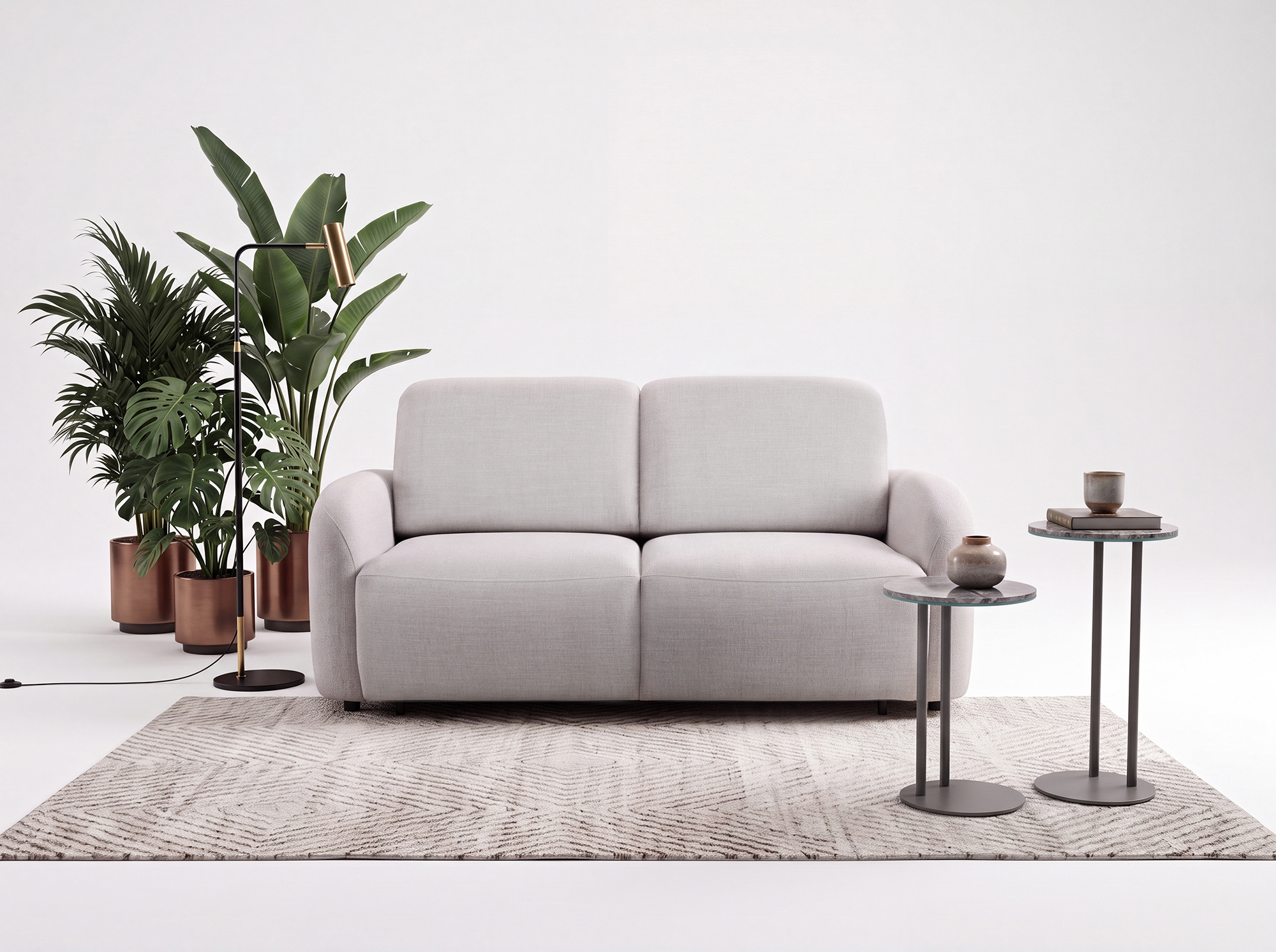 Nowoczesna sofa dwuosobowa z funkcją spania, zaokrąglonymi podłokietnikami i komfortowymi siedziskami do codziennego wypoczynku