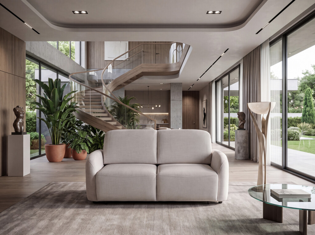Savona sofa z ekskluzywnym systemem spania Sofa Savona z funkcją spania w jasnej tkaninie, z wysokimi oparciami, szerokimi siedziskami i nowoczesną bryłą do eleganckiego salonu