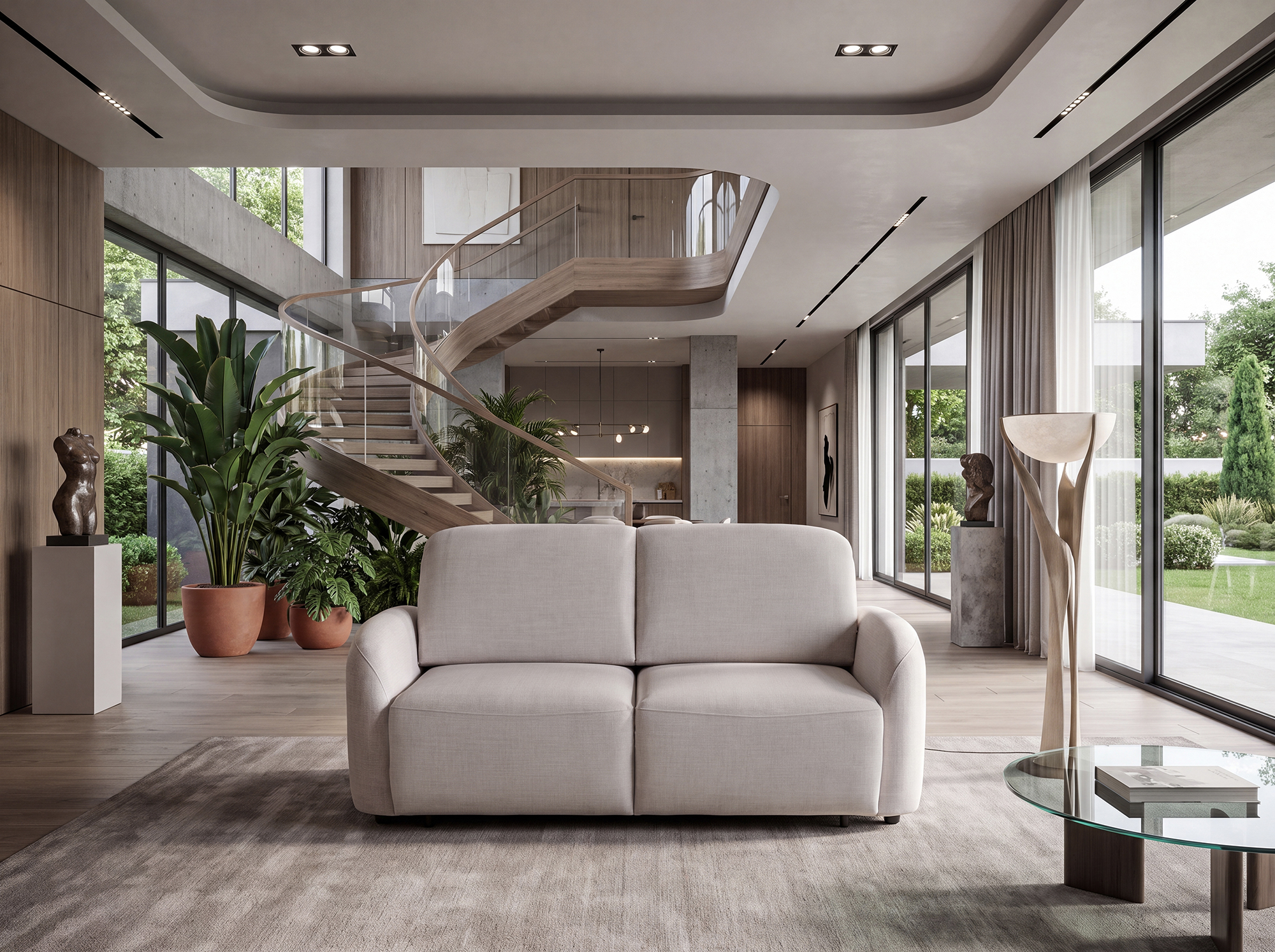 Sofa Savona z funkcją spania w jasnej tkaninie, z wysokimi oparciami, szerokimi siedziskami i nowoczesną bryłą do eleganckiego salonu Sofa Savona z funkcją spania w jasnej tkaninie, z wysokimi oparciami, szerokimi siedziskami i nowoczesną bryłą do eleganckiego salonu