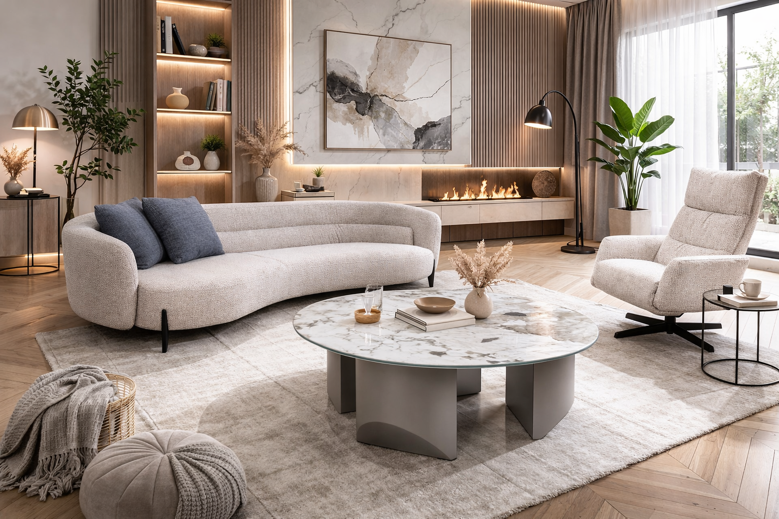 przytulny nowoczesny salon z sofą noa oraz stolikiem kawowym husk z blatem w spieku kwarcowym w eleganckiej aranżacji z kominkiem i drewnianą zabudową