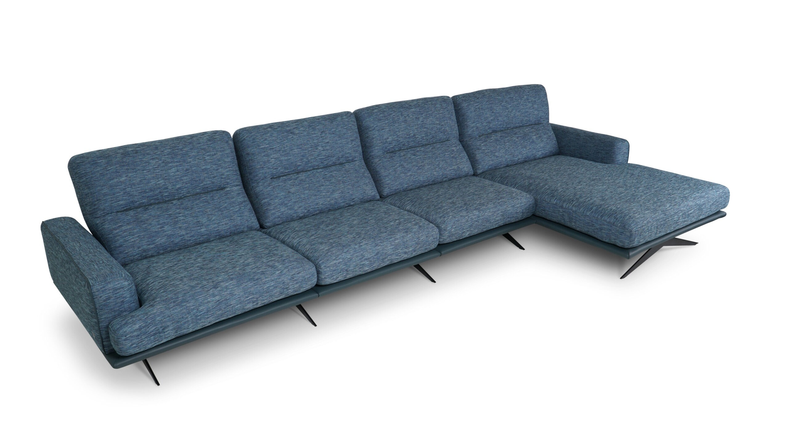 designerska sofa narożna z leżanką w kolorze niebieskim z wysokimi oparciami i wygodnymi szerokimi siedziskami designerska sofa narożna z leżanką w kolorze niebieskim z wysokimi oparciami i wygodnymi szerokimi siedziskami
