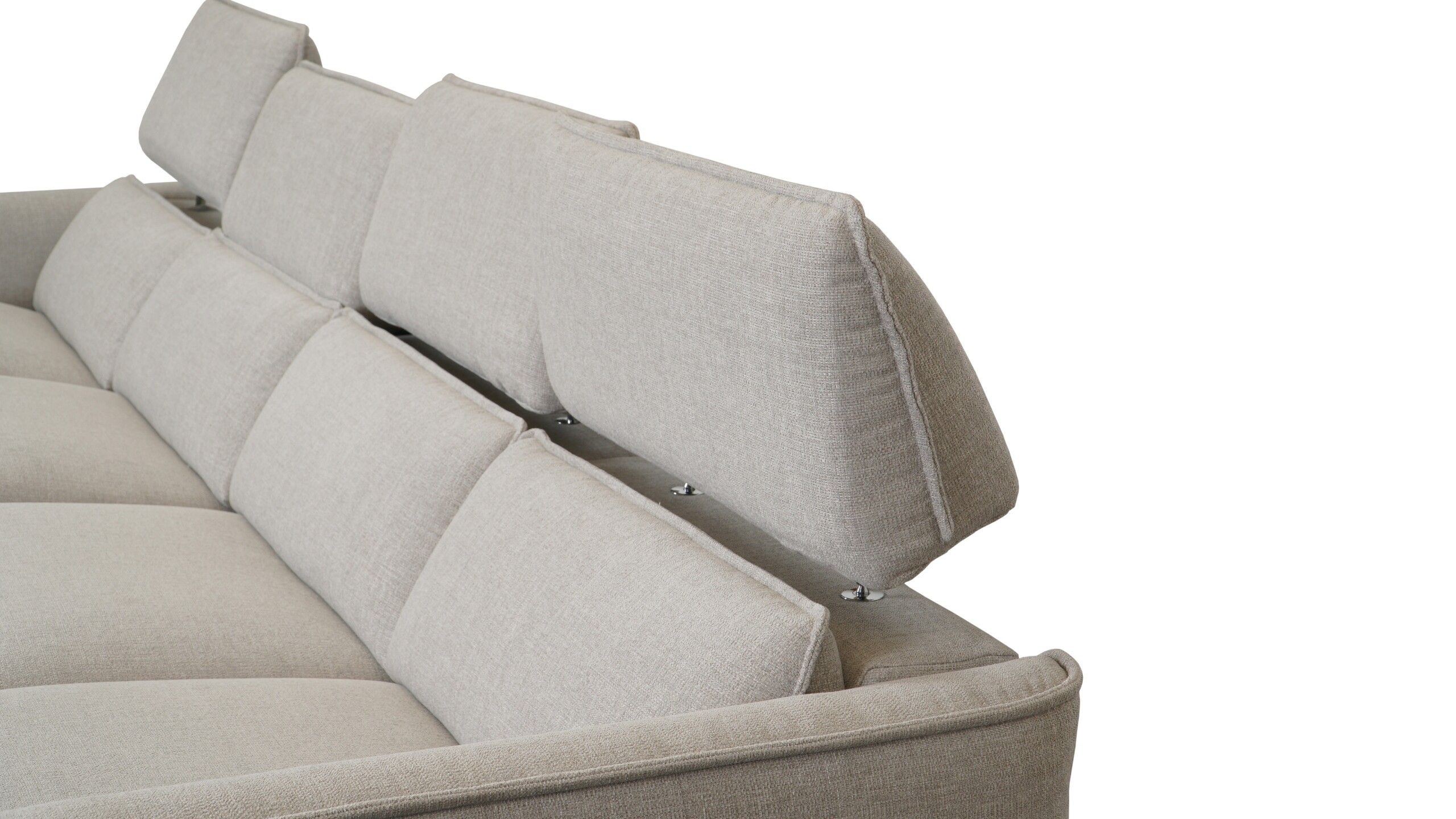 narożna sofa wypoczynkowa z funkcją elektrycznego rozkładania, regulacją zagłówków i lekką formą na wysokich nóżkach narożna sofa wypoczynkowa z funkcją elektrycznego rozkładania, regulacją zagłówków i lekką formą na wysokich nóżkach