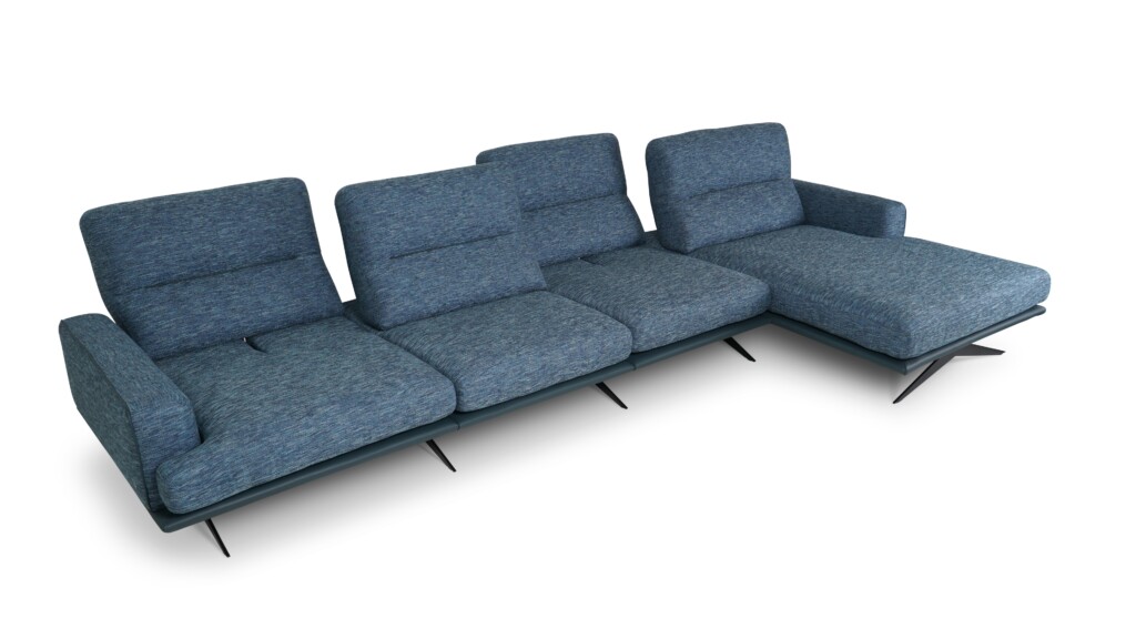 Deli duża sofa z regulowanymi oparciami nowoczesna sofa z leżanką w tapicerce łączącej strukturę tkaniny z elegancją skóry naturalnej i lekką metalową podstawą