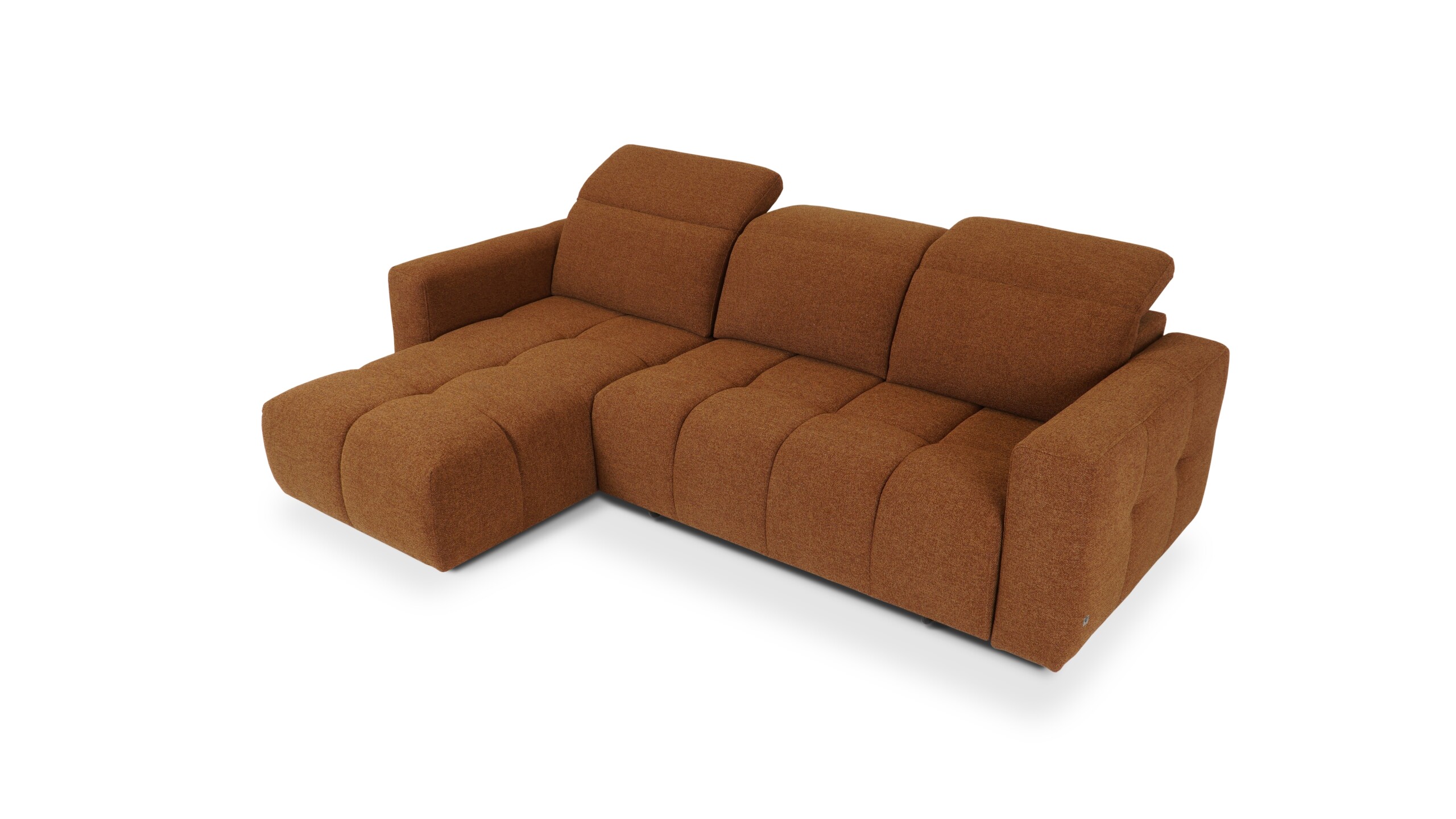 nowoczesna sofa z szezlongiem w kolorze rdzawobrązowym z funkcją spania uruchamianą przyciskiem i wygodnymi zagłówkami nowoczesna sofa z szezlongiem w kolorze rdzawobrązowym z funkcją spania uruchamianą przyciskiem i wygodnymi zagłówkami