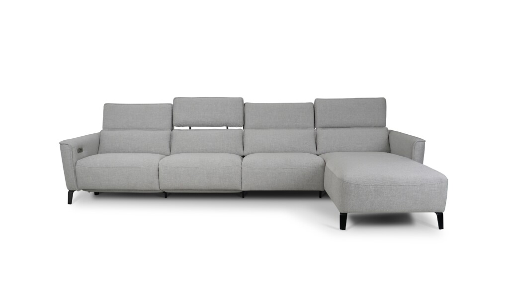 sofa Shila z szezlongiem, elektrycznym wysuwem siedziska i regulowanym zagłówkiem w tkaninie AquaClean Amaral