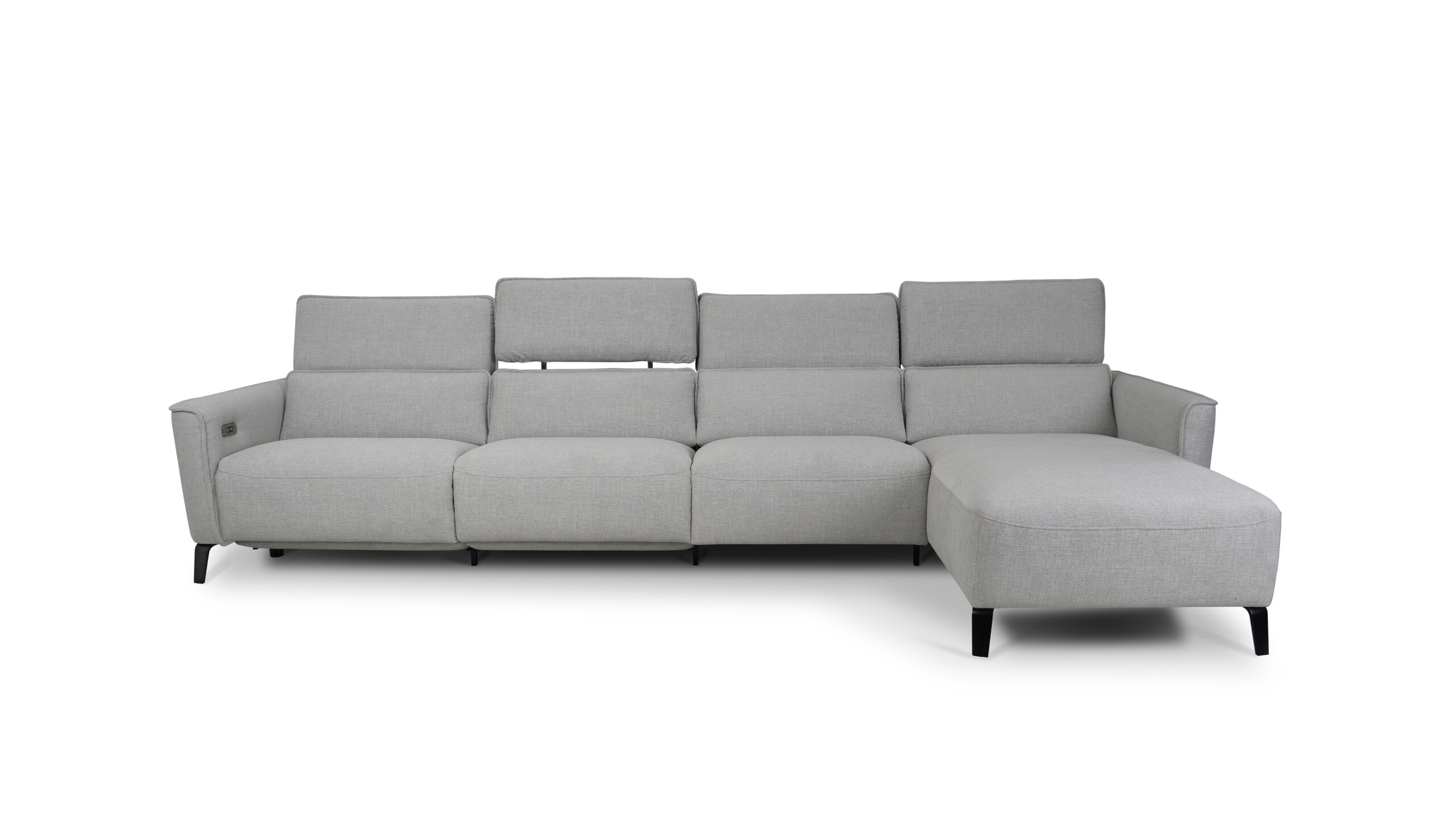 sofa Shila z szezlongiem, elektrycznym wysuwem siedziska i regulowanym zagłówkiem w tkaninie AquaClean Amaral