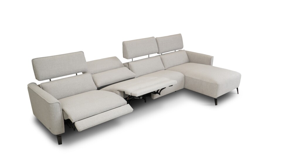 Shila sofa z szezlongiem z elektryczną opcją relaksu sofa do salonu z elektrycznie rozkładanym siedziskiem, regulacją zagłówka i wygodnym modułem szezlonga