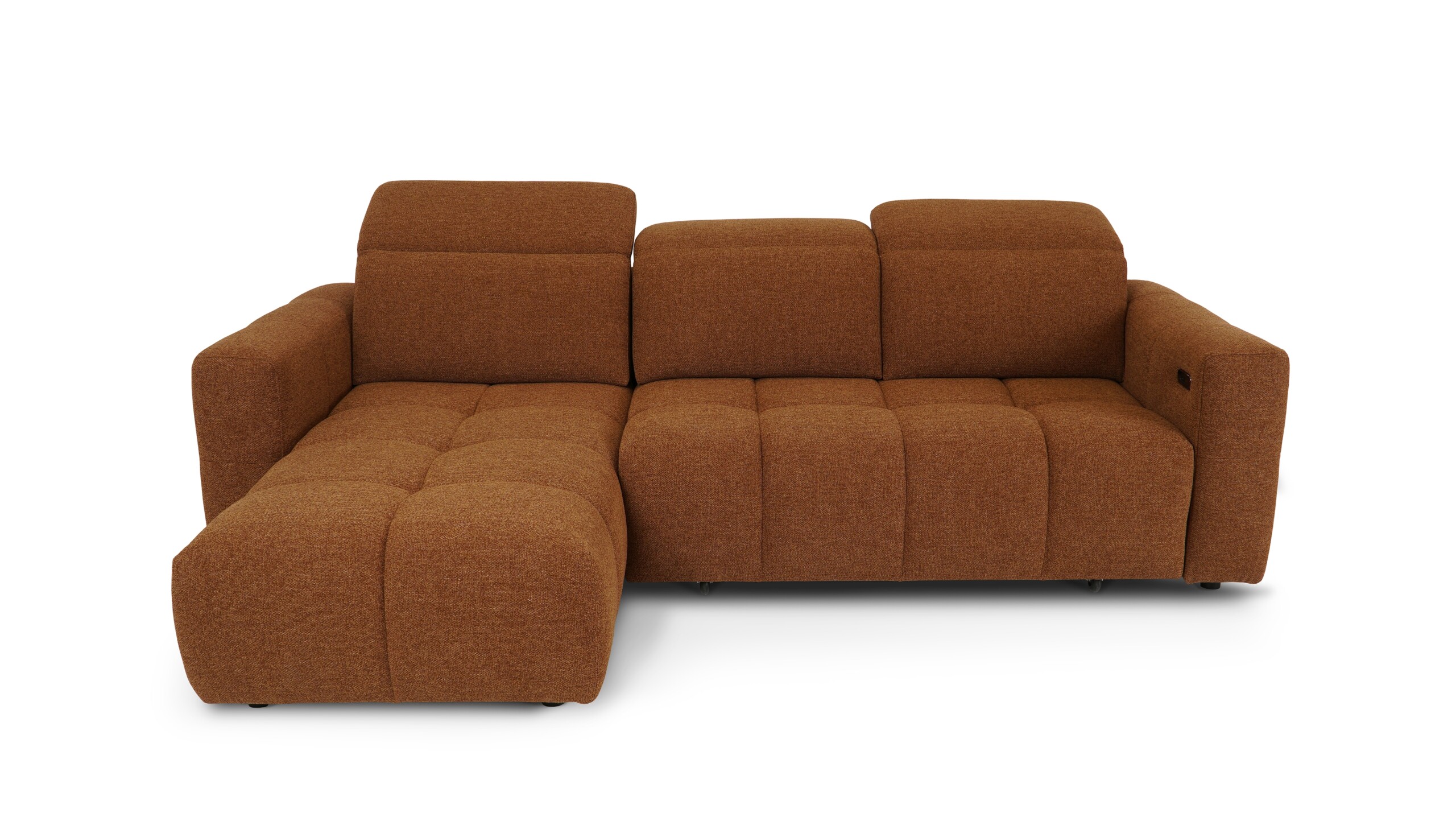 stylowa sofa do salonu z elektrycznie wysuwanym siedziskiem, pojemnikiem na pościel i komfortowym układem z szezlongiem