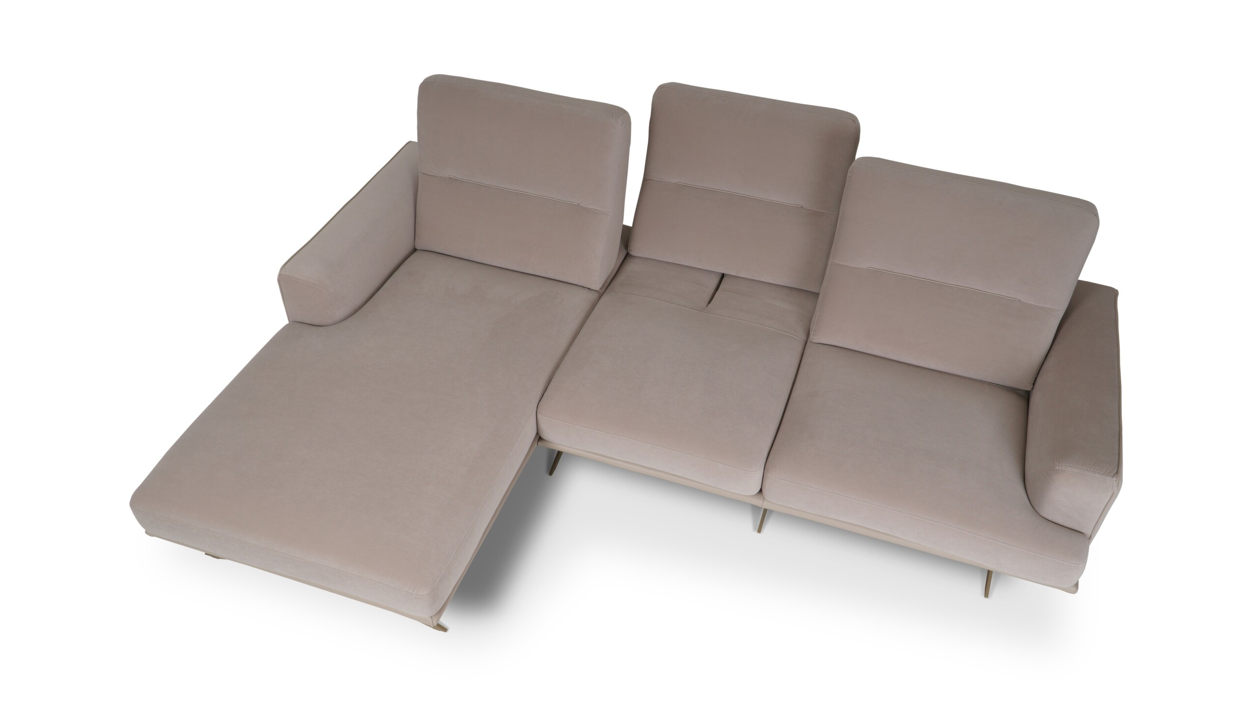 Designerska sofa z leżanką, regulowanymi oparciami oraz kontrastowym połączeniem skóry i tkaniny