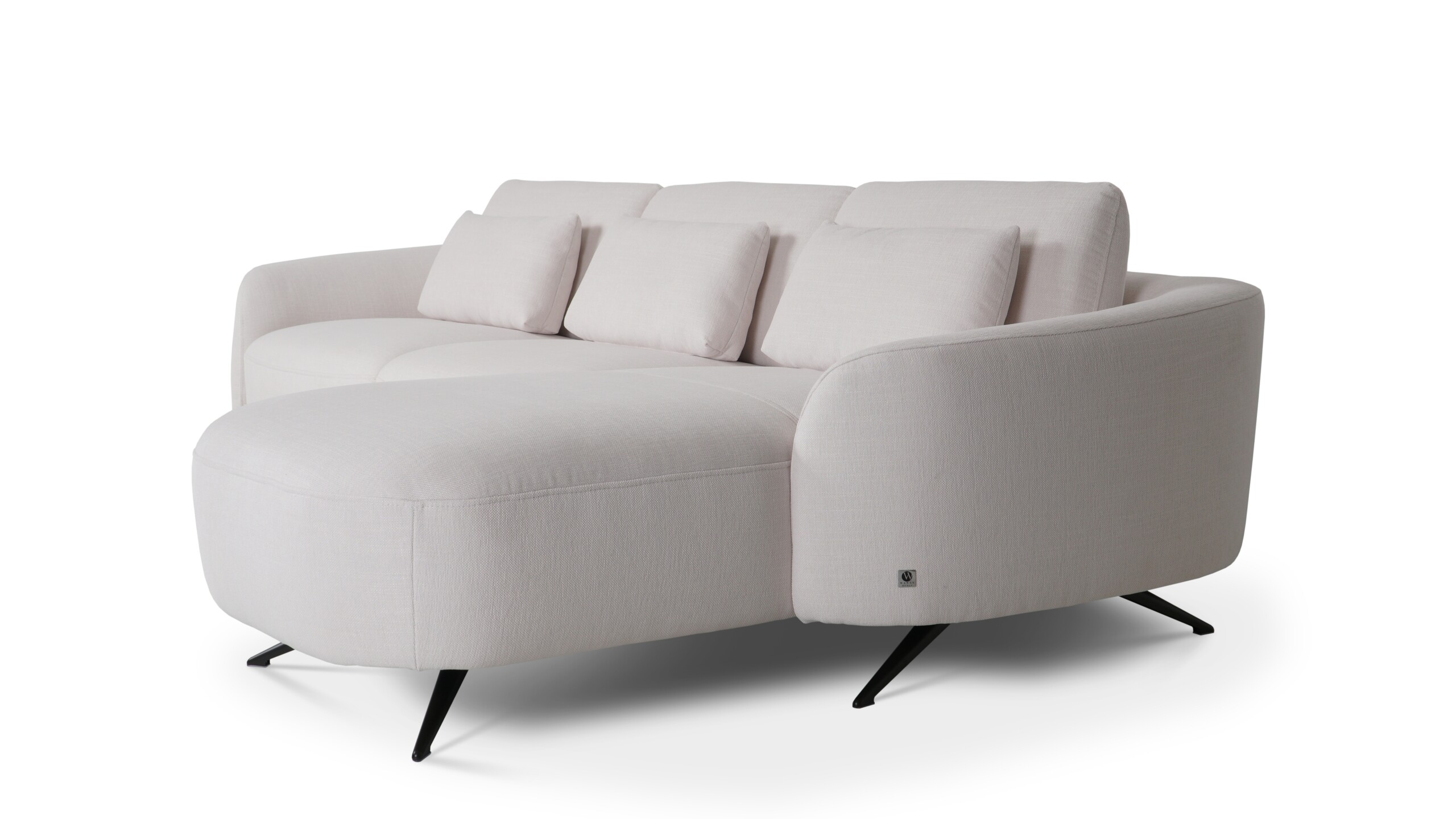 Designerska sofa z szezlongiem do nowoczesnego salonu z podnoszonymi zagłówkami i lekką podstawą Designerska sofa z szezlongiem do nowoczesnego salonu z podnoszonymi zagłówkami i lekką podstawą