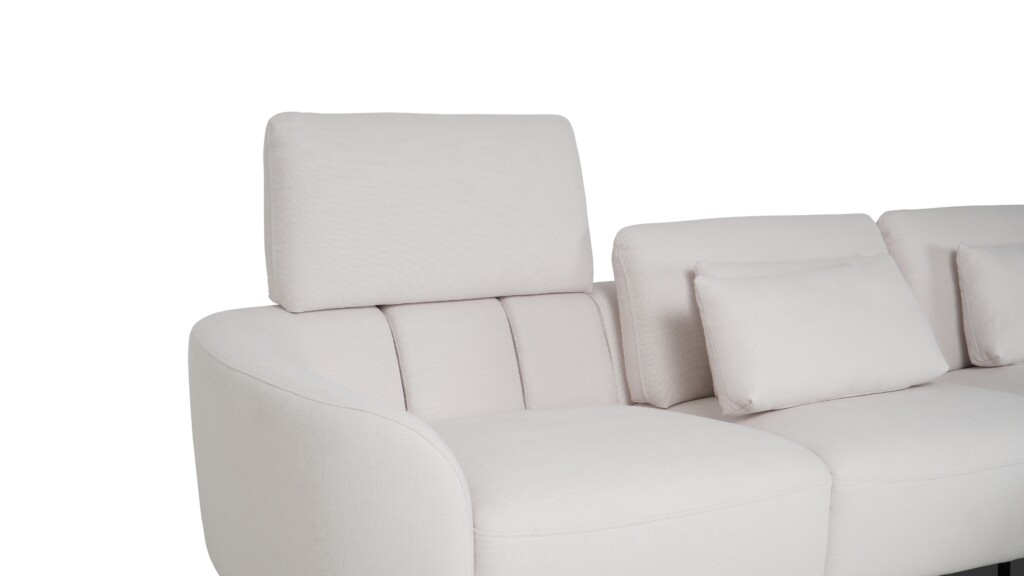 Saga nowoczesna sofa z funkcją regulacji Elegancka sofa Saga z szerokim szezlongiem, miękkimi poduszkami lędźwiowymi i ruchomymi zagłówkami