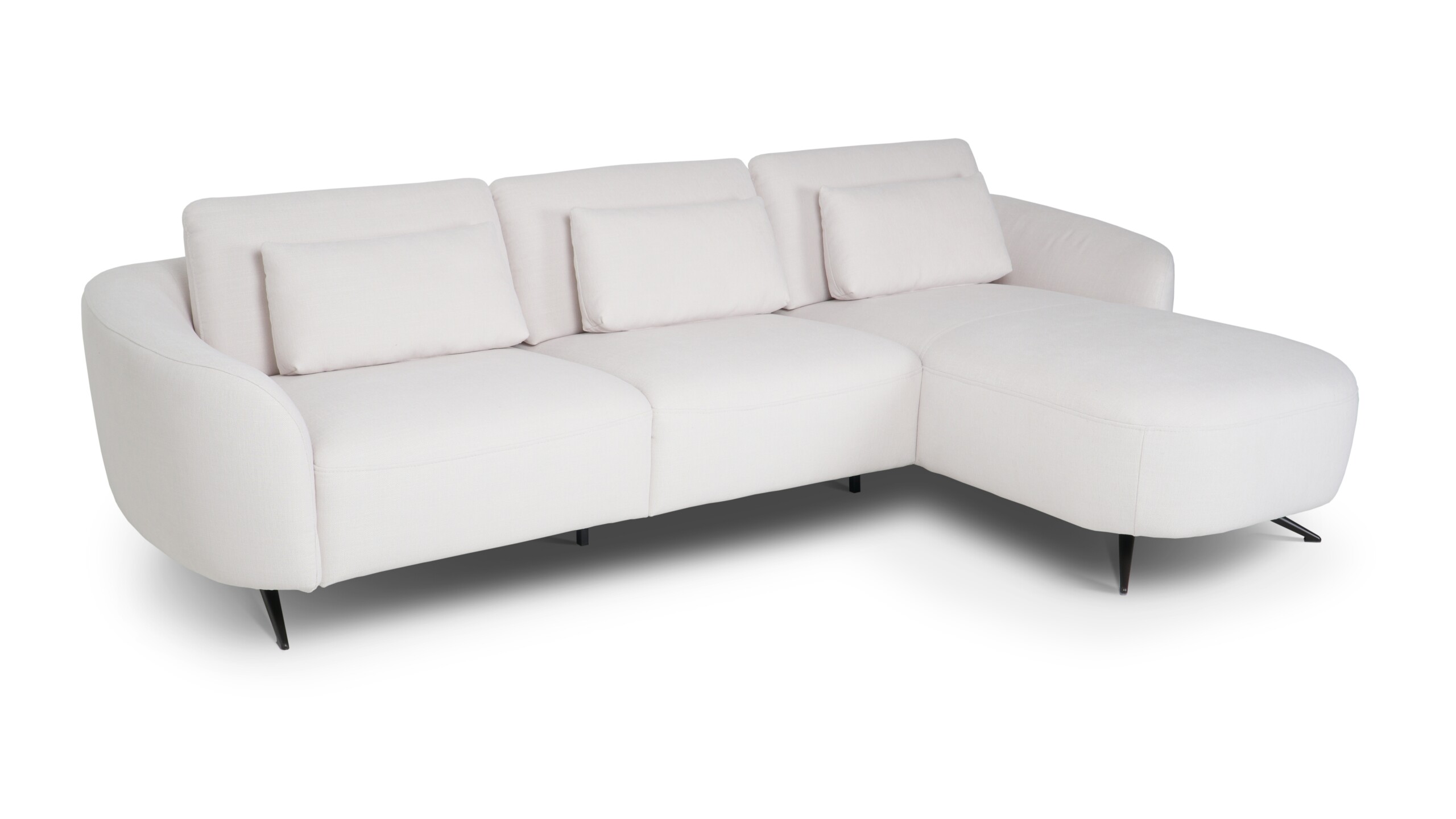 Sofa z szezlongiem Saga w jasnej tkaninie z regulowanymi zagłówkami i nowoczesną zaokrągloną bryłą Sofa z szezlongiem Saga w jasnej tkaninie z regulowanymi zagłówkami i nowoczesną zaokrągloną bryłą