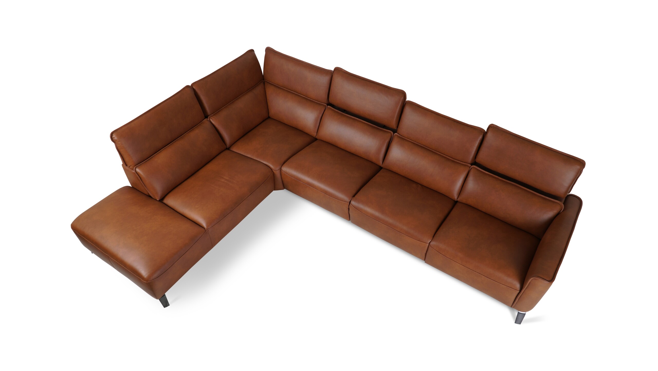 komfortowa sofa z szezlongiem i funkcją relaksu sterowaną elektrycznie, wykonana w skórze naturalnej o eleganckim brązowym wybarwieniu