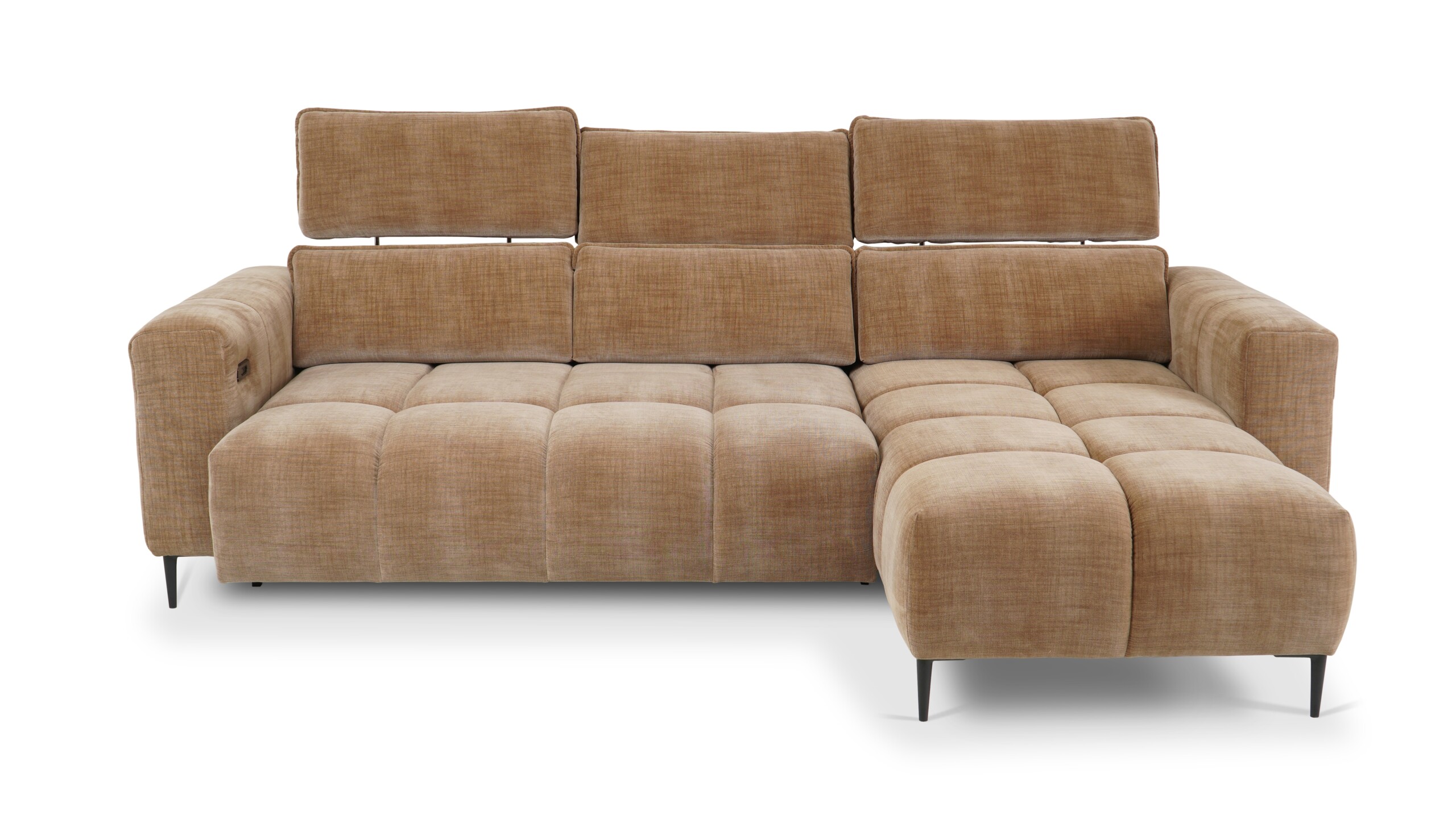 nowoczesna sofa z szezlongiem w ciepłej beżowo-złotej tkaninie z regulacją głębokości siedzenia poprzez wysuwane siedziska
