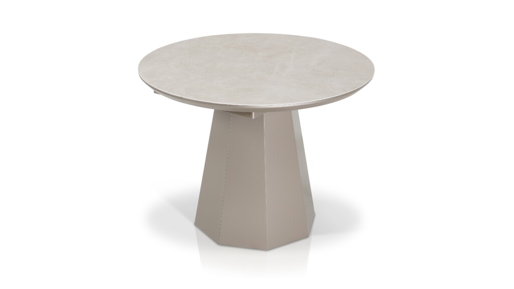 stół Idos rozkładany ze spiekiem kwarcowym Laminam Diamond Cream mat, w jasnej eleganckiej kolorystyce, z nowoczesną podstawą i wkładkami MDF