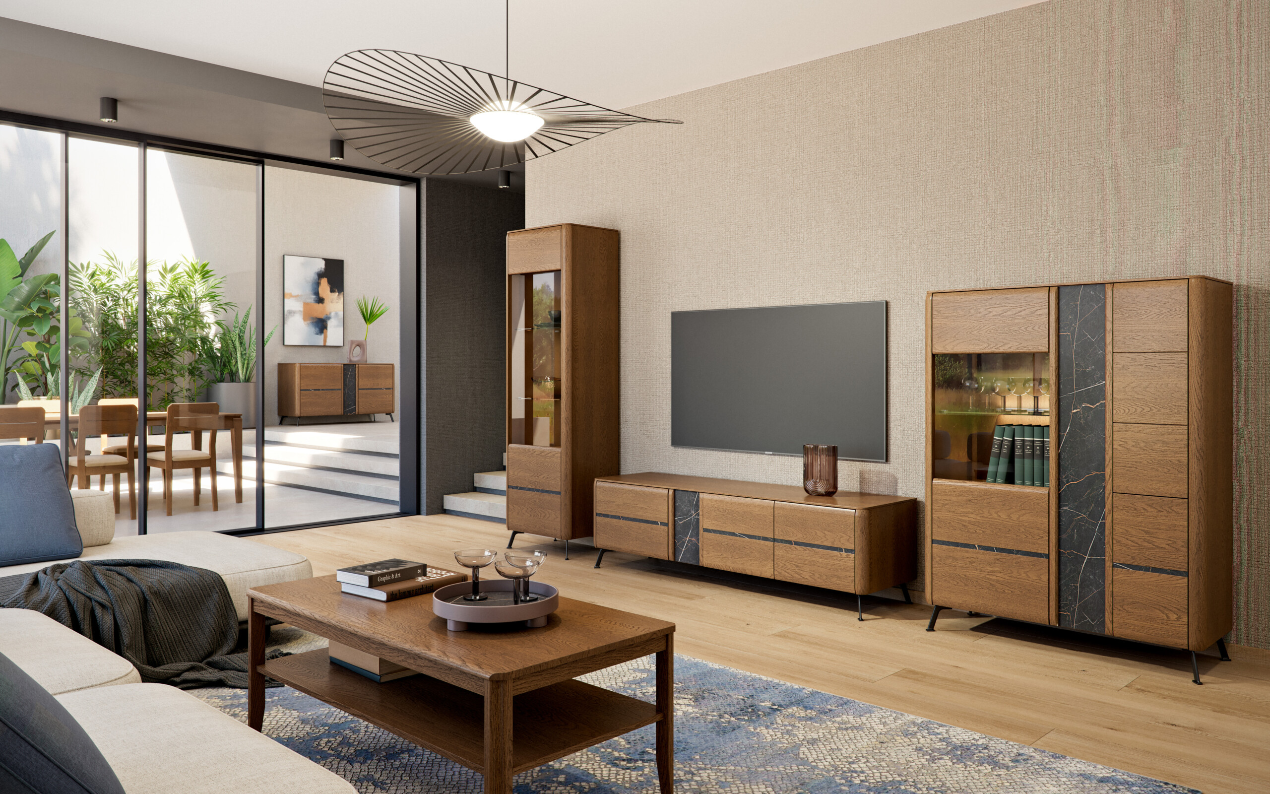 Meble do salonu Jantar z litego dębu – naturalne wybarwienie dąb rustic, elegancka witryna, komoda i niska szafka RTV pod telewizo Meble do salonu Jantar z litego dębu – naturalne wybarwienie dąb rustic, elegancka witryna, komoda i niska szafka RTV pod telewizo