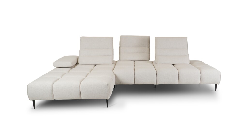 Alvito sofa z regulowanymi oparciami Sofa z szezlongiem Alvito w jasnej tkaninie z funkcją regulacji głębokości siedziska i odchylanymi oparciami
